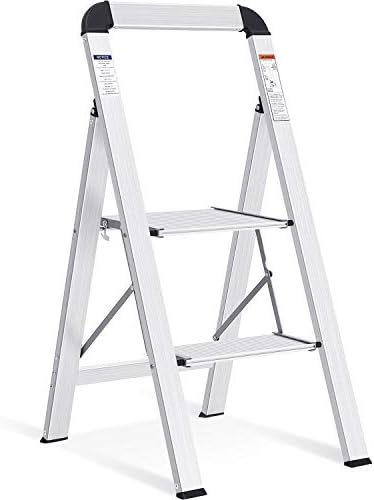 KINGRACK Aluminium 2 Step Ladder, Lightweight Step Stool with Non-Slip Pedals, Handrail, 330LBS Foldable Step Ladder for Kitchen, Garage, Home, Space Saving, Sturdy and Portable, Silver