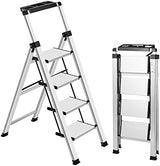 XinSunho 4 Step Ladder, Retractable Handgrip Folding Step Stool with Anti-Slip Wide Pedal, Aluminum Stool Ladders 4 Steps, 330lbs Safety Household Ladder