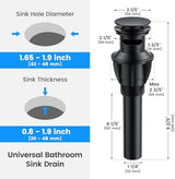 Bathroom Sink Drain with Overflow, Universal Bathroom Sink Stopper for Bathroom Vanity Vessel Sink, Rapid Draining Plastic Pop-up Sink Drain with Hair Catcher Anti-Clog Strainer, 2 Pack, Matte Black