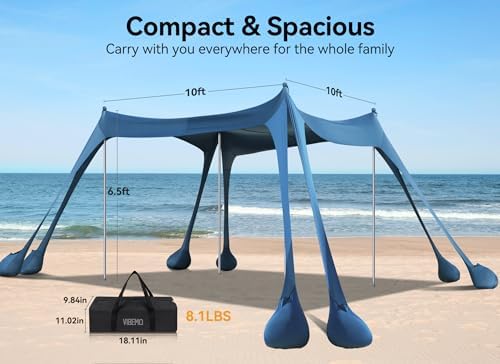 Beach Tent, Beach Canopy Sun Shade with UPF50+ UV Protection, 10x10ft, Includes 8 Sandbags, Sand Shovel, Ground Pegs & 4 Stability Poles, Pop Up Sun Shelter for Camping, Picnics, Backyard Fun