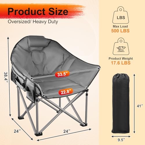 Slendor Heated Camping Chair Oversized, Portable Heated Chair Outdoor Sports with Backrest, High Back, Pillow, 3 Heat Levels, Folding Lawn Patio Lounge Chair, Supports 440 lbs