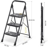 KINGRACK 3 Step Ladder, Sturdy Steel Step Stool with Anti-Slip Wide Pedals, Handrail, Safe-Lock Design, Pass 800lbs Load Testing, Folding Portable Ladder for Multi-Purpose, Home, Kitchen, Black