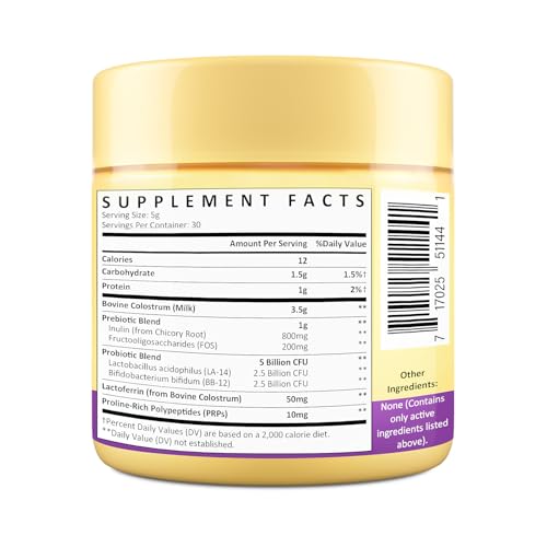 Colostrum Powder Supplement 5,000 mg, Grass-Fed Bovine Colostrum with Prebiotics, Probiotics, Lactoferrin & PRP, 30 Servings