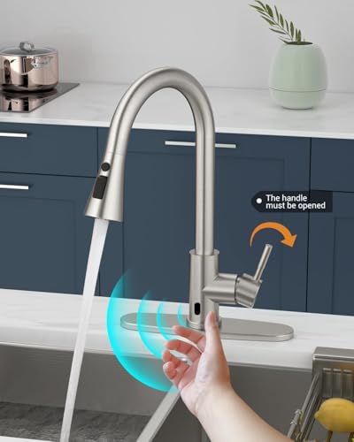 APPASO Touchless Kitchen Faucet, Motion Sensor Kitchen Sink Faucet with Pull Down ABS Sprayer 3 Modes, Activated Hands Free Faucets for Kitchen Sink with Soap Dispenser Stainless Steel, Brushed Nickel