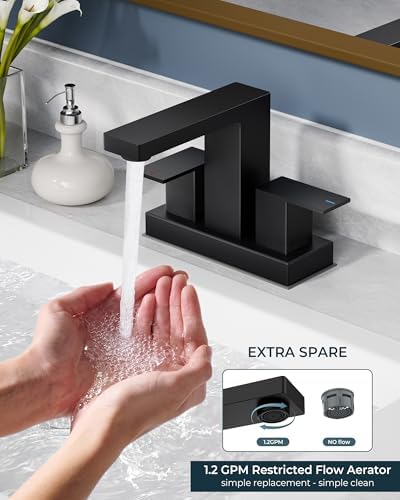 FORIOUS 4 Inch Centerset Bathroom Faucet Black 3 Hole or 2 Hole, Square Matte Black Bathroom Sink Faucet Centerset 4" with Metal Pop Up Drain, 24" CUPC Hose and Spare Water Saving Aerator