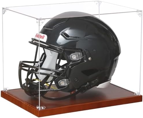 JupDec Football Helmet Display Case, Full Size Acrylic Baseball Motorcycle Helmet Showcase, UV Protection Souvenirs and Collectibles Box with Solid Wood Base & Riser, Ideal Gift for Sports Enthusiast