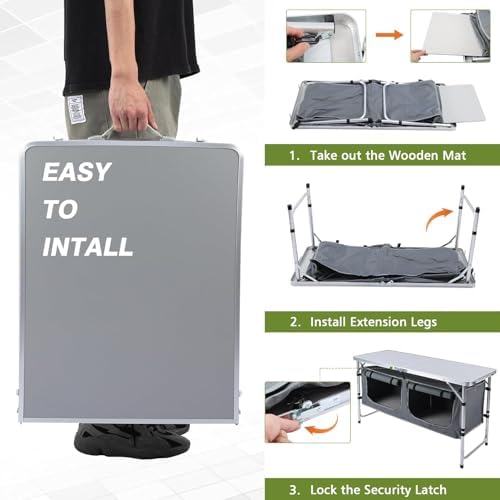 Camping Table, Folding Camping Table with Storage, Portable Kitchen Table, Lightweight, 3 Heights Adjustable Camping Furniture for BBQ, Picnic, Camping, Hiking, Beach, and Indoor