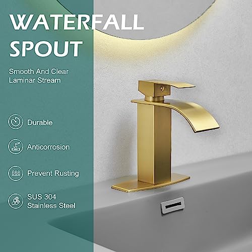 Hoimpro Brushed Gold Waterfall Spout Single Hole Bathroom Faucet, Stainless Steel Single Lever Bathroom Vanity Sink Faucet with Drain, cUPC Hose and Deck Plate