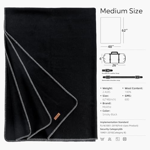 100% Wool Blanket, 48" x 62", Warm, Thick, Washable, Military Wool Blanket, Great for Camping, Outdoors, Sporting Events, Survival Kits
