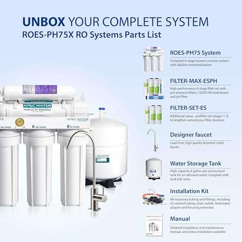APEC Water Systems ROES-PH75 Essence Series Top Tier Alkaline Mineral pH+ 75 GPD 6-Stage Certified Ultra Safe Reverse Osmosis Drinking Water Filter System with Extra High Capacity Filter Set Stage 1-3