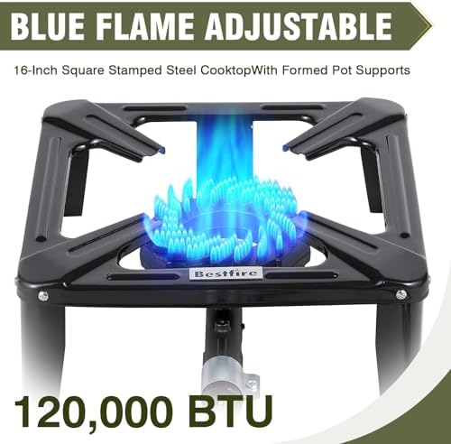 Bestfire High Pressure Propane Burner, 120000 BTU Single Propane Stove with 4.1ft 0-20Psi Adjustable Hose with Regulator, 16" Square Steel Cooktop for Camping