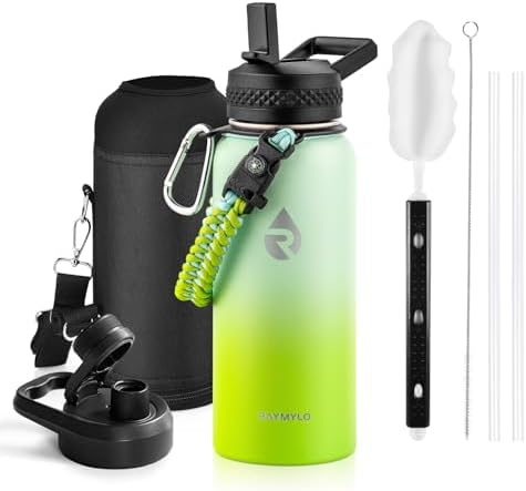 Insulated Water Bottle 32 oz, Triple Wall Vacuum Stainless Steel (Cold for 48 Hrs), Leak Proof & Non-BPA, Modern Water Flask Jug with Paracord Handle & Straw Spout Lids, Ombre Green