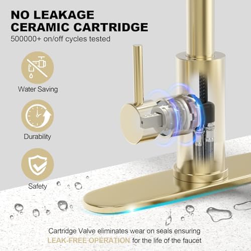 Brushed Gold Single Hole Kitchen Faucets with Pull Down Sprayer, Single Handle, High Flow Water, Pull Out Tap, Stainless Steel Sink Faucet, Suitable for Farmhouse Camper Laundry Rv Bar