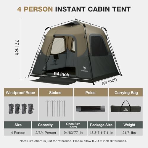 CAMEL CROWN Instant Tents for Camping 4-6 Person Tent Waterproof Easy Setup Sets Up in 60 Seconds Backpacking Tents with Carry Bag for Outdoor Hiking