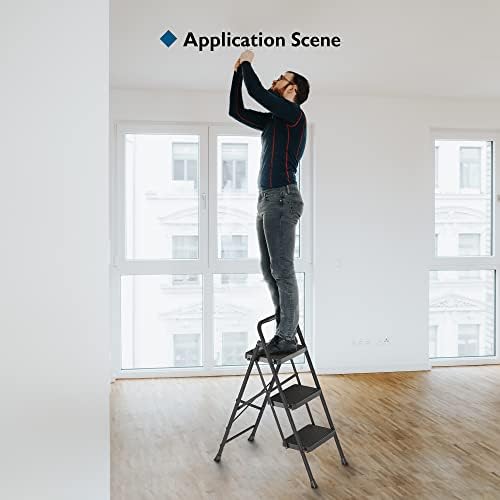 BONTEC 3-Step Ladder, Folding Step Stool, 600lbs Max Load Capacity, Sturdy Steel, Non-Slip Pedals, Lightweight, Portable Steel Ladder with Convenient Handrail, Safety Design for Home & Work, Black