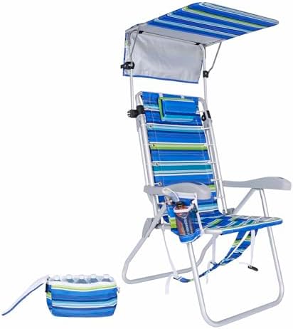 Ultimate Heavy Duty High Seat Aluminum Folding Backpack Beach Chair for Adults | Lay Flat, 5 Reclining Positions | Removable Insulated Cooler Pouch & Canopy for UV Protection