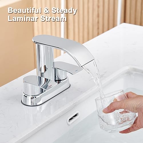 Ultimate Unicorn waterfall faucet chrome for bathroom sink, wide mouth spout with two handles waterfall, sink vanity faucet, single hole or 3 basin lavatory mode (DJS-MP-SB-PB-C)