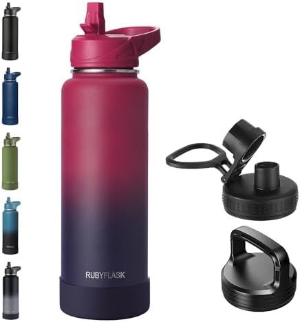 40oz Insulated Water Bottle with Straw, Stainless Steel Metal Vacuum Water Flask, Large Thermos Water bottle with Leakproof 3 Lids for Travel, Camping, Gym Sports Dark Rainbow