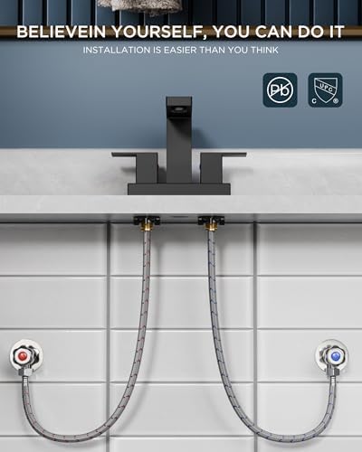 FORIOUS 4 Inch Centerset Bathroom Faucet Black 3 Hole or 2 Hole, Square Matte Black Bathroom Sink Faucet Centerset 4" with Metal Pop Up Drain, 24" CUPC Hose and Spare Water Saving Aerator