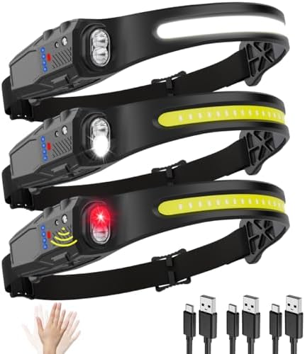 Headlamp Rechargeable 3Pack, 230° Wide Beam LED Headlamp, 7Mode Headlamps for Adults, Head Lamp with Motion Sensor, Red Light Head Lamps LED Rechargeable, Head Lights for Forehead Running Camping