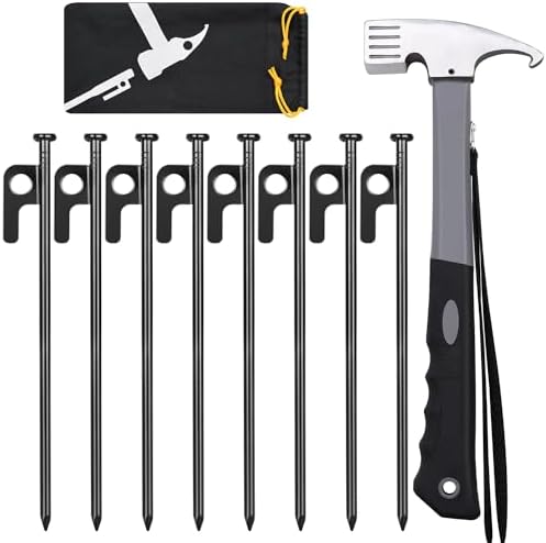 Tent Stakes and Hammer Set, 8 Pack 8in Heavy Duty Forged Steel Tent Stakes + 12in Heavy Duty Camping Hammer + Storage Pouch, Available in Rocky Place(8 Pack 8in Stakes + Hammer)