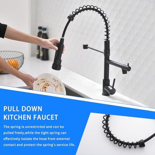 AIMADI Black Kitchen Faucet with 2 Function Sprayer,Commercial Stainless Steel Single Handle Single Hole Spring Matte Black Kitchen Faucet
