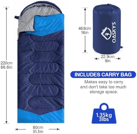 oaskys Camping Sleeping Bag - 3 Season Warm & Cool Weather - Summer Spring Fall Lightweight Waterproof for Adults Kids - Camping Gear Equipment, Traveling, and Outdoors