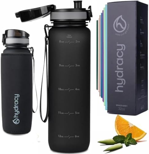 Hydracy Water Bottle with Time Marker -Large BPA Free Water Bottle & No Sweat Sleeve -Leak Proof Gym Bottle with Fruit Infuser Strainer & Times to Drink -Ideal for Fitness Sports & Outdoors