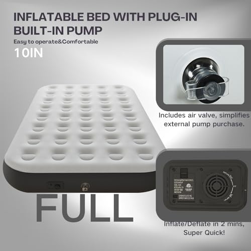 Full Air Mattress with Built in Pump,10" Blow up Air Bed, 2 Mins Quick Self-Inflation/Deflation, Foldable Inflatable Mattress for Home/Travel, 10'' Full Grey
