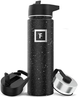 IRON °FLASK Camping & Hiking Hydration Flask with 3 Lids - Stainless Steel, Double Walled & Vacuum Insulated Water Bottle - Leak Proof & BPA Free (Black Speckle, Straw - 22 oz)