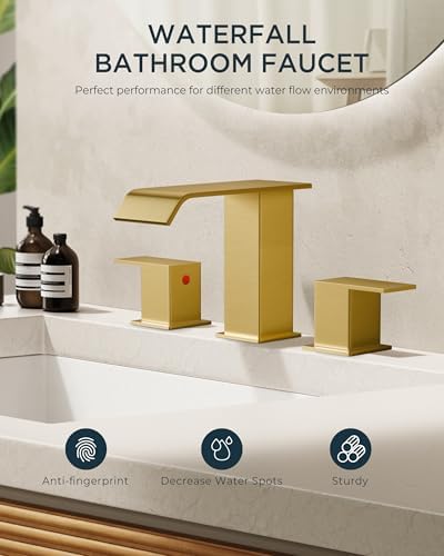 FORIOUS Brushed Gold Bathroom Sink Faucets 3 Hole Widespread, 2 Handles Bathroom Faucet with Pop-up Drain and Flexible Hot and Cold Water Hoses, Suitable for Vanity RV Restroom