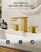 FORIOUS Brushed Gold Bathroom Sink Faucets 3 Hole Widespread, 2 Handles Bathroom Faucet with Pop-up Drain and Flexible Hot and Cold Water Hoses, Suitable for Vanity RV Restroom