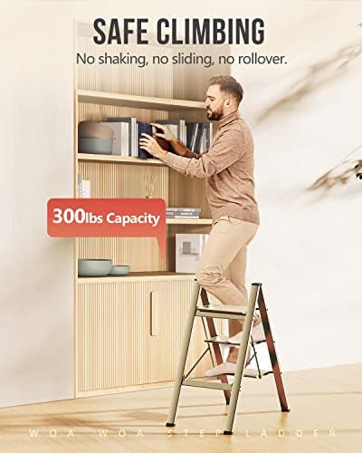 WOA WOA 3 Step Ladder, Foldable Step Stool, Aluminum Lightweight Ladder for Home Kitchen Closet, Anti-Slip Pedals, Ease of Folding, Portable, 300lbs Capacity - Gold