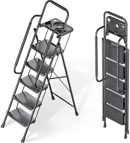 KINGRACK Folding 5 Step Ladder, Portable Ladder for Multi-Purpose, Home, Kitchen, Heavy Sturdy Steel Step Stool with Anti-Slip Wide Pedals, Handrail, Safe-Lock Design, Pass 500lbs Load Testing, Black