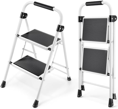 KINGRACK 2 Step Ladder, Folding Step Stool with Anti-Slip and Wide Pedal, Lightweight Stepladder with Handrails, Portable for Kitchen, Household, 330LBS, White