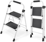 KINGRACK 2 Step Ladder, Folding Step Stool with Anti-Slip and Wide Pedal, Lightweight Stepladder with Handrails, Portable for Kitchen, Household, 330LBS, White