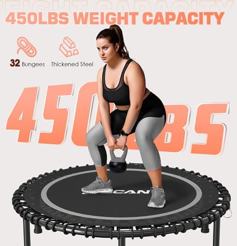 BCAN 450/550 LBS Foldable Mini Trampoline, 40"/48" Adult Fitness Trampoline with Bungees, U Shape Adjustable Foam Handle, Stable & Quiet Exercise Rebounder,Indoor/Outdoor Workout