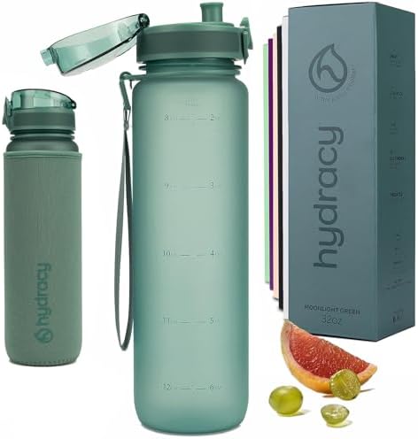 Hydracy Water Bottle with Time Marker -Large BPA Free Water Bottle & No Sweat Sleeve -Leak Proof Gym Bottle with Fruit Infuser Strainer & Times to Drink -Ideal for Fitness Sports & Outdoors