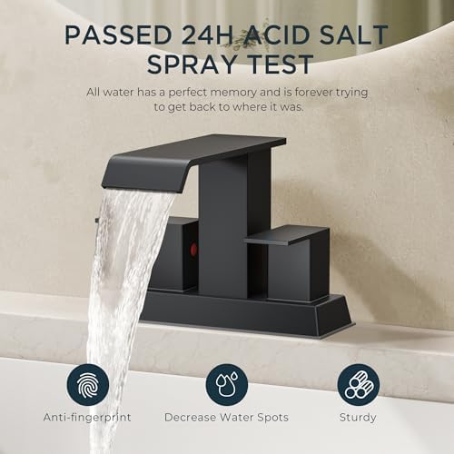 FORIOUS Square Waterfall Matte Black Bathroom Faucets 3 or 2 Hole for 4 Inch Centerset Sink with Metal Pop Up Drain and Hose, Double Handle Operation, Suitable for Vanity RV Restroom Remodel