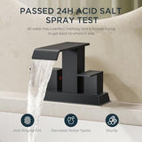 FORIOUS Square Waterfall Matte Black Bathroom Faucets 3 or 2 Hole for 4 Inch Centerset Sink with Metal Pop Up Drain and Hose, Double Handle Operation, Suitable for Vanity RV Restroom Remodel