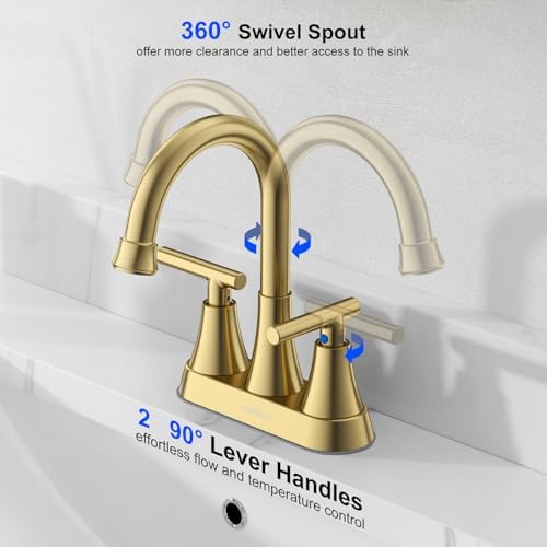 Bathroom Faucets for Sink 3 Hole, Hurran 4 inch Brushed Gold Bathroom Sink Faucet with Pop-up Drain and Supply Hoses, Stainless Steel Lead-Free Centerset Faucet for Vanity RV, 2 Pack