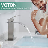 VOTON Waterfall Bathroom Faucets Brushed Nickel Modern Single Handle Sink Faucet for 1 or 3 Holes with Deck Plate and Pop-Up Drain, Rv Sink Camper Farmhouse Faucet