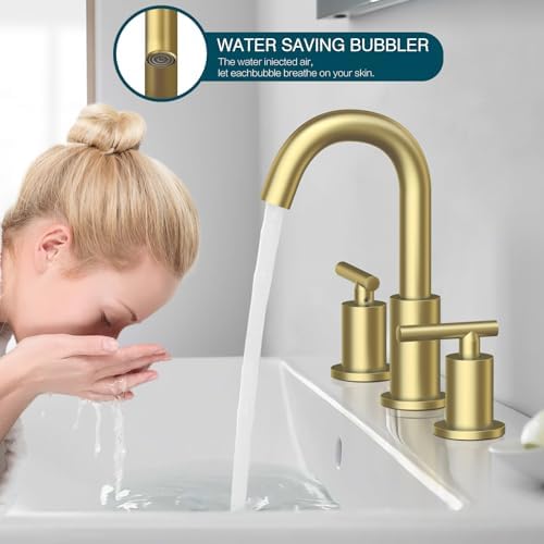 TRUSTMI Brushed Gold Bathroom Faucet 3 Hole Widespread 2-Handle 8 Inch Brass Bathroom Sink Faucet with Overflow Pop Up Drain and cUPC Waterlines