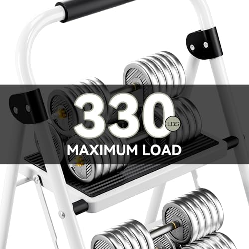 KINGRACK 2 Step Ladder, Folding Step Stool with Anti-Slip and Wide Pedal, Lightweight Stepladder with Handrails, Portable for Kitchen, Household, 330LBS, White