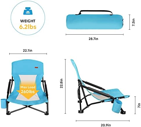 TOBTOS Low Beach Chair, Beach Chairs for Adults 2 Pack, Low Profile Folding with Cup Holder & Carry Bag, Heavy Duty Chair for Outdoor Sand, Camping, Concert, Travel