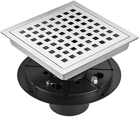 EXF 6 Inch Square Shower Drain Brushed Nickel, Stainless Steel Shower Floor Drain Kit with ABS Flange, Removable Grid Cover, Hair Strainer