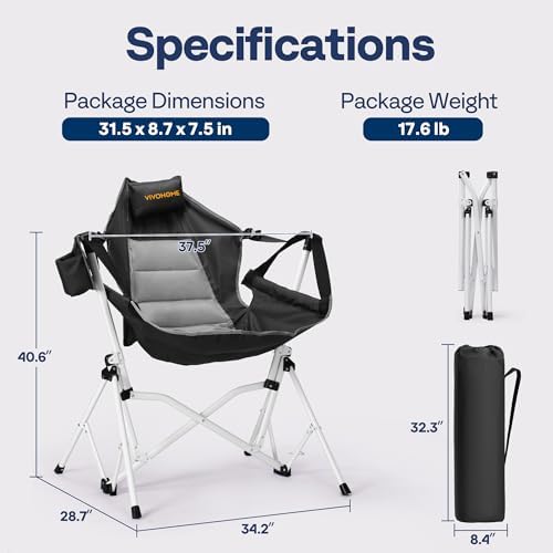 VIVOHOME Hammock Camping Chair, Portable Outdoor Swinging Rocking Chairs for Adults with Adjustable Pillow, Back and Height for Travelling, Backyard, Patio, Supports 400 lbs, 600D Breathable Mesh