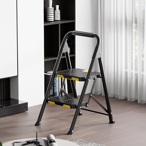 KINGRACK 2 Step Ladder, Sturdy Steel Step Stool with Safe-Lock Design, Handrail, Anti-Slip Wide Pedals, Pass 800lbs Load Testing, Folding Portable Ladder for Multi-Purpose, Home, Kitchen, Black