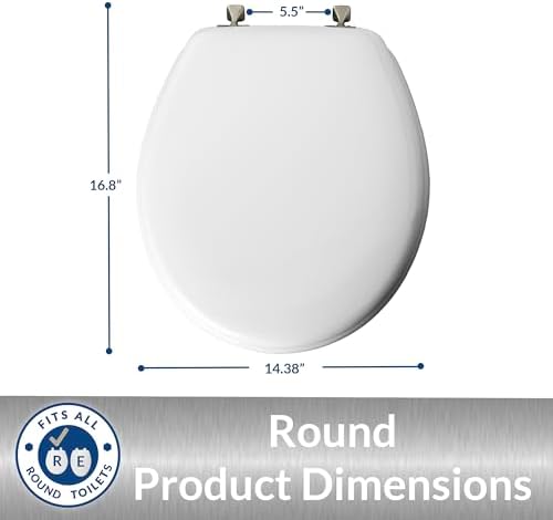 MAYFAIR 844BN 000 Toilet Seat with Brushed Nickel Hinges will Never Come Loose, ROUND , White, 1 Pack - ROUND
