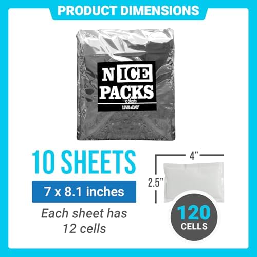 Nice Packs Reusable Dry Ice Packs for Coolers, Lunch Boxes, Frozen Food Shipping - Flexible and Long Lasting (10 Large Sheets)